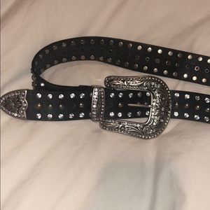 rhinestone studded, black leather belt/buckle